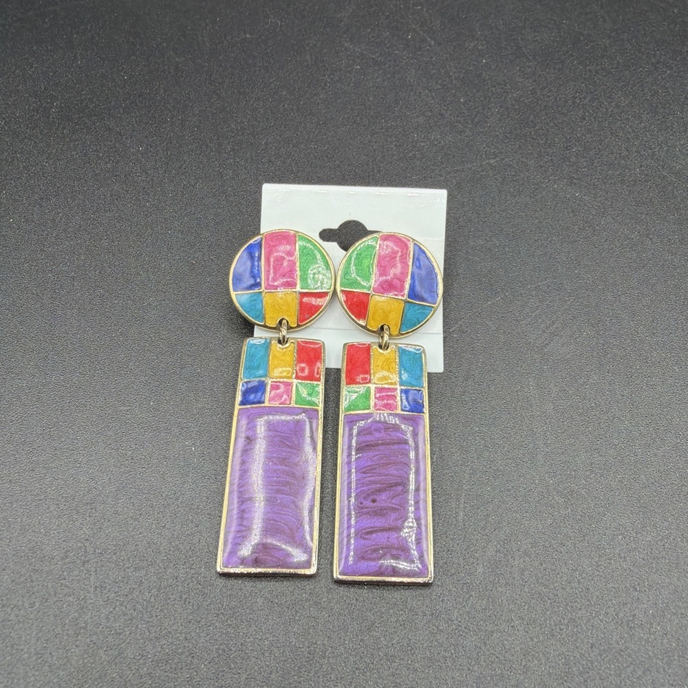 Vintage Edgar BEREBI Purple Teal Green Pink Red  Enamel Earrings 80's Geometric